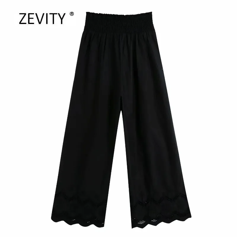 Women fashion hollow out embroidery black wide leg pants female chic elastic waist casual pantalones mujer trousers P869 210420