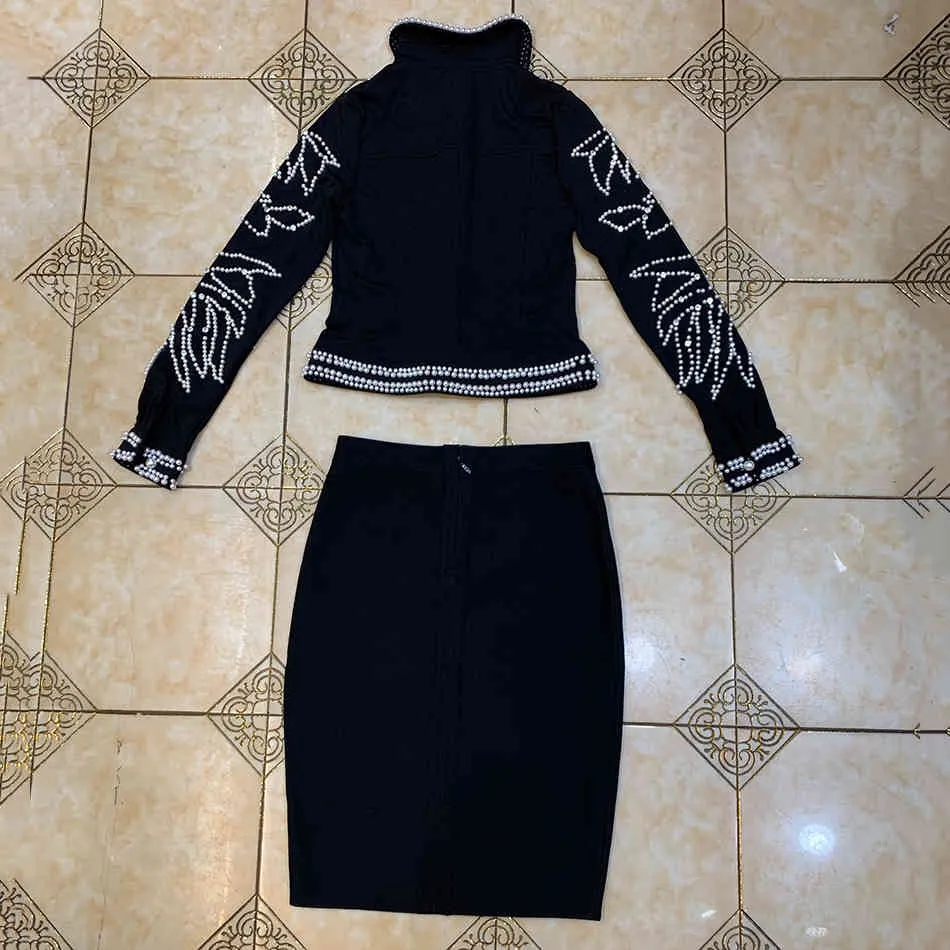 Conjunto de vestido de vendaje negro para mujer elegante solapa de manga larga chaqueta con cuentas de perlas falda ajustada de dos piezas 210524
