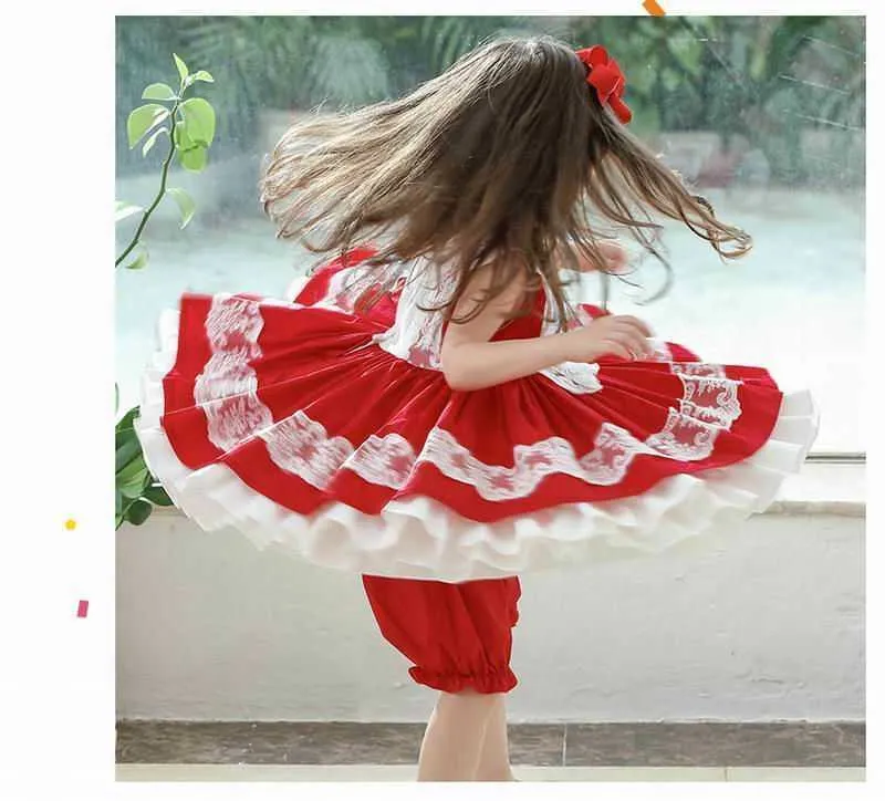 الاسبانية نمط الاطفال فساتين للبنات الدانتيل الأحمر أكمام الأميرة فقاعة تنورة ملابس الطفل E55 210610