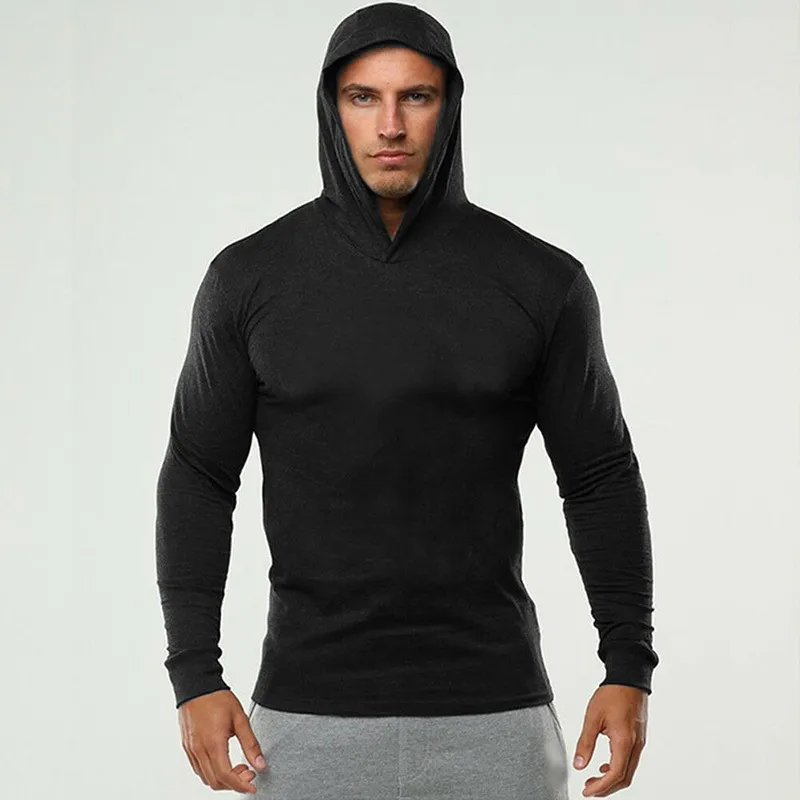 Bodybuilding T-Shirt Men Autumn Fitness Long Sleeve Hooded T Shirt Men Brand Plain Gym Clothing Fashion Slim Fit Cotton Tee Tops 210421