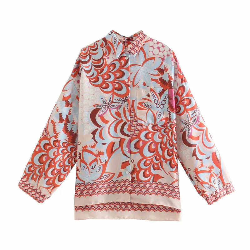 Za Vintage Asymmetric Print Shirt Women Long Sleeve Loose Red Summer Shirts Woman Chic Patch Pocket Button Up Casual Top 210602