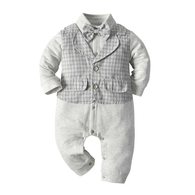 Baby Boys Wedding Clothes Children Formal Suit Long Sleeves Rompers + Vest infant Clothing Set Toddler Boutique Outfit 210615