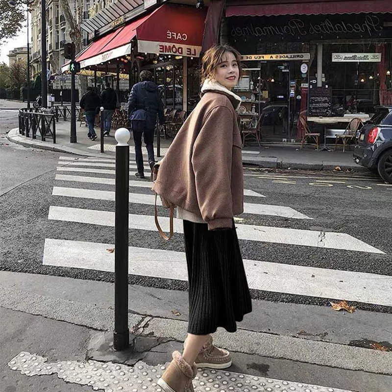 chic autumn Winter Women long sweater Umbrella skirt casual basic knitted A-line Skirt female solid elegant Skirts 210608