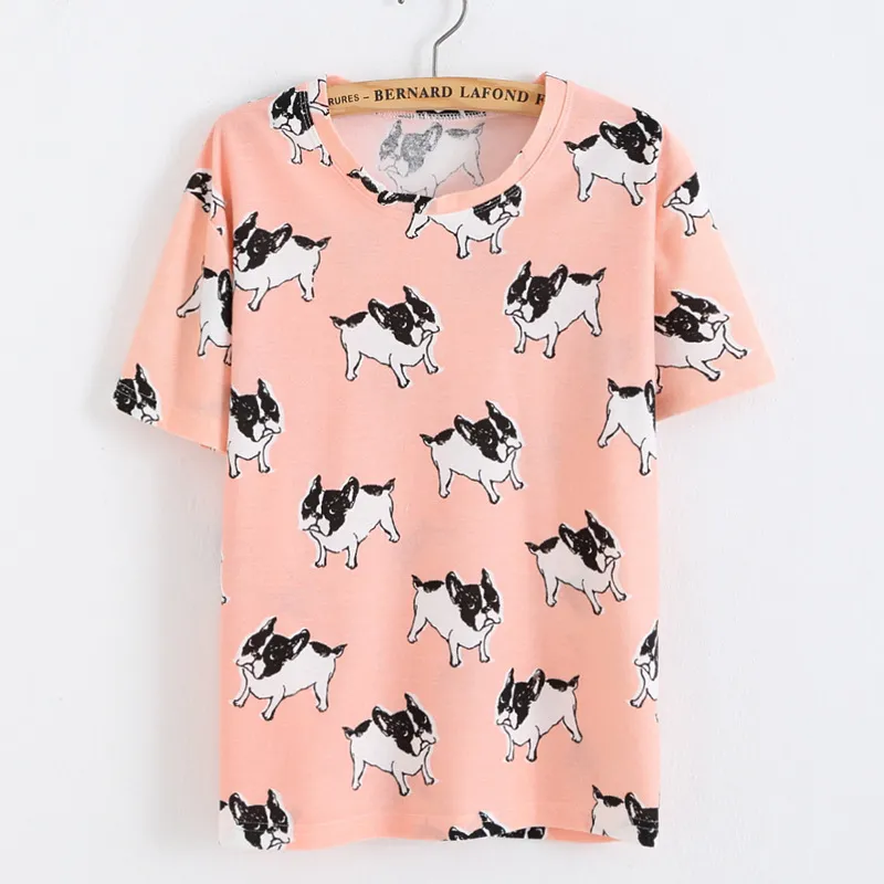 Verão de algodão camiseta mulheres cópia cão bonito bulldog francês impresso tops de manga curta para tee branco rosa t06201w 210421