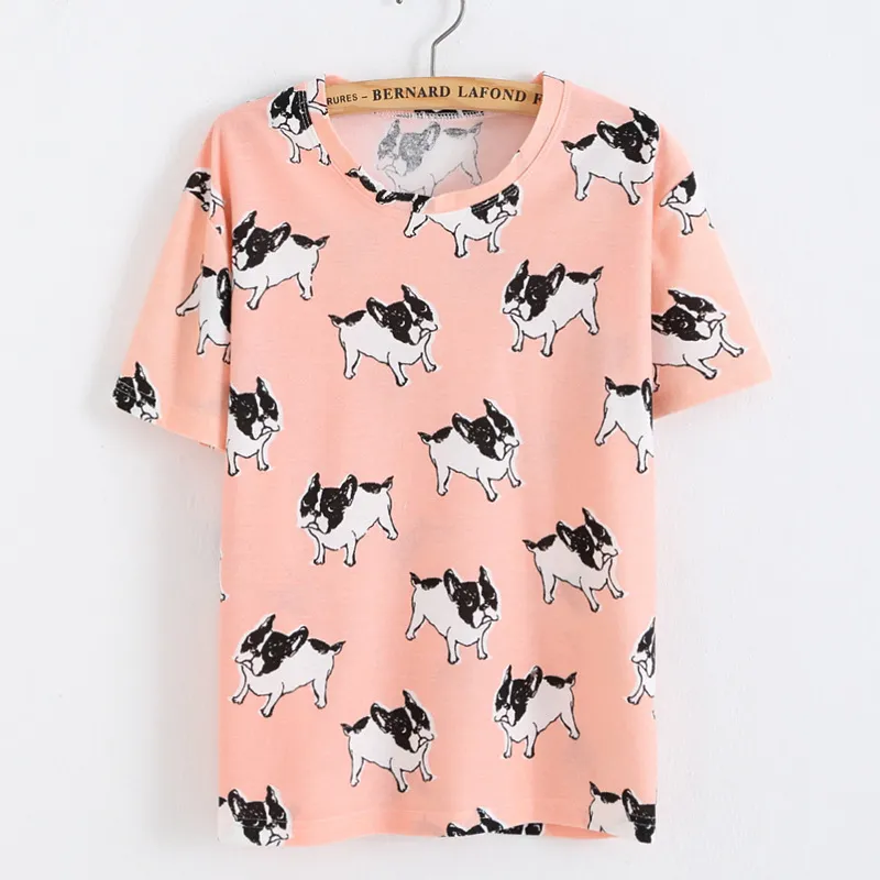 Zomer katoen t-shirt vrouwen hond print schattige Franse bulldog bedrukte korte mouw tops voor tee wit roze blauw T06201W 210421