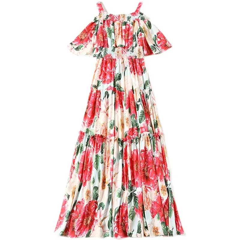 Off Shoulder Flare Sleeve Spaghetti Strap Summer Women Rose Flower Print Ruffles Bohemain Elegant Beach Maxi Dress 210416