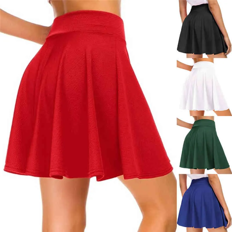 Women039s basique polyvalent extensible évasé décontracté Mini jupe patineuse rouge noir vert bleu jupe courte grande taille 3XL 2103231178941