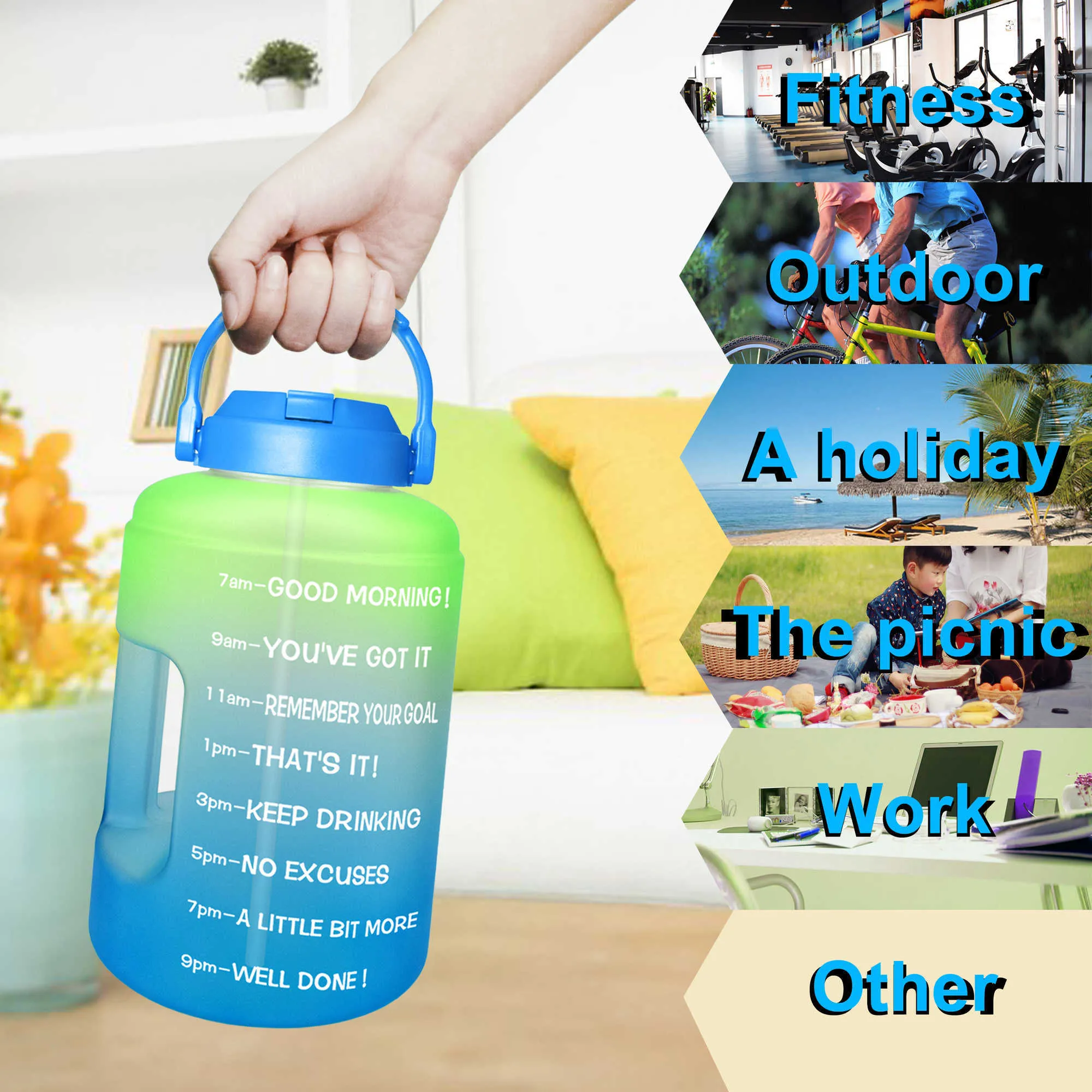 BuildLife Gallon vattenflaska med halmmotiverande tidsmarkör BPA Wide Mouth Leakproof Mobile Holder Handle Travel Jug 21257N