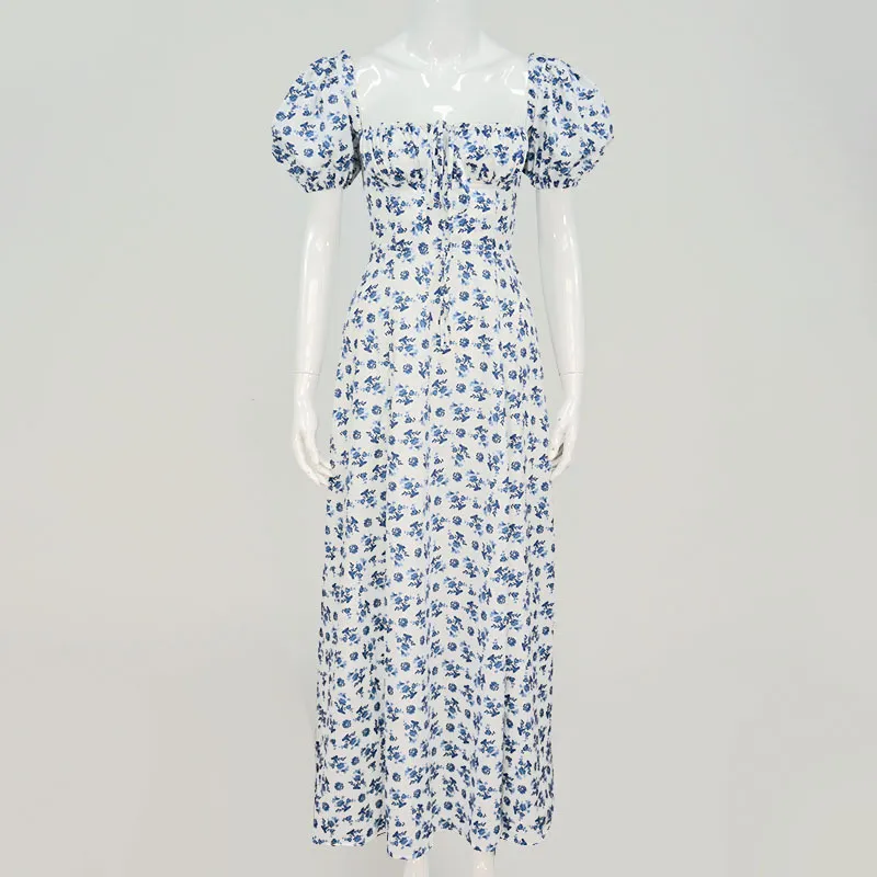 Kadınlar Moda Puf Sleve Lace Up Yüksek Bölünmüş Elbise Vintage Ladies Cottagecore Tallulah Mavi Beyaz Çiçek Midi Elbise Damla X268X