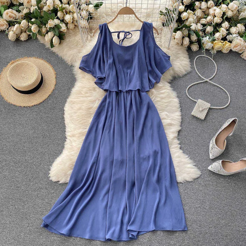 Frauen Mode Chiffon Sommerkleid Rundhals Hohl Rüschen Schlank Urlaub Einfarbig Kleidung Vestidos S229 210527