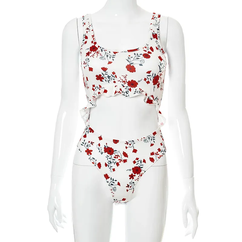 Kobiety Floral Print Pajacyki Sexy Halter Cut Out Gorset Body Wysokowa Talia Push Up Sporty Garnitury Moda 210517