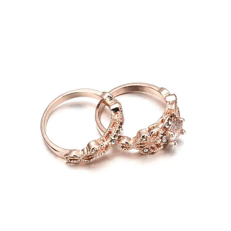 Роскошные женские обручальные кольца, набор из 2 шт., блестящие кольца с цирконом круглой огранки, розовое золото, цвет вечерние, ювелирные изделия с кристаллами, аксессуары4337515
