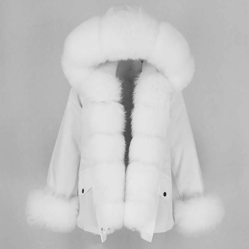 OFTBUY imperméable courte Parka veste d'hiver femmes réel manteau de fourrure col de fourrure naturelle capuche chaud Streetwear détachable 211019