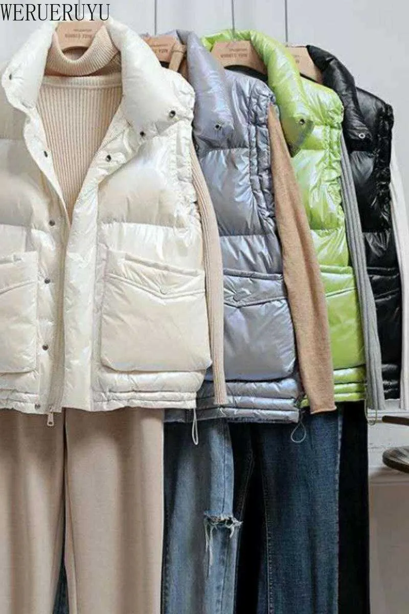輝く女性の冬のフード付きベストコートの上の衣装の光沢のある下綿のノースリーブジャケット女性厚い冬のベスト210608