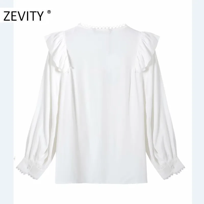 women fashion o neck long sleeve pleat ruffles white blouse shirt lace stitching chic blusas autumn tops LS7191 210420