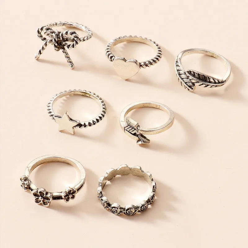 Jewelry bow love five pointed star flower arrow leaf ring set 