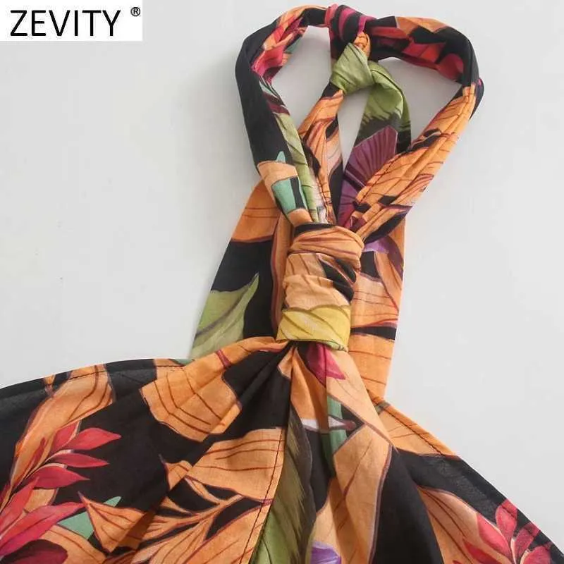 Zevity女性熱帯花柄プリントワイドレッグパンツホルタージャンプスーツシックな女性セクシーバックレスサイドジッパーカジュアルロンパースP1134 210603
