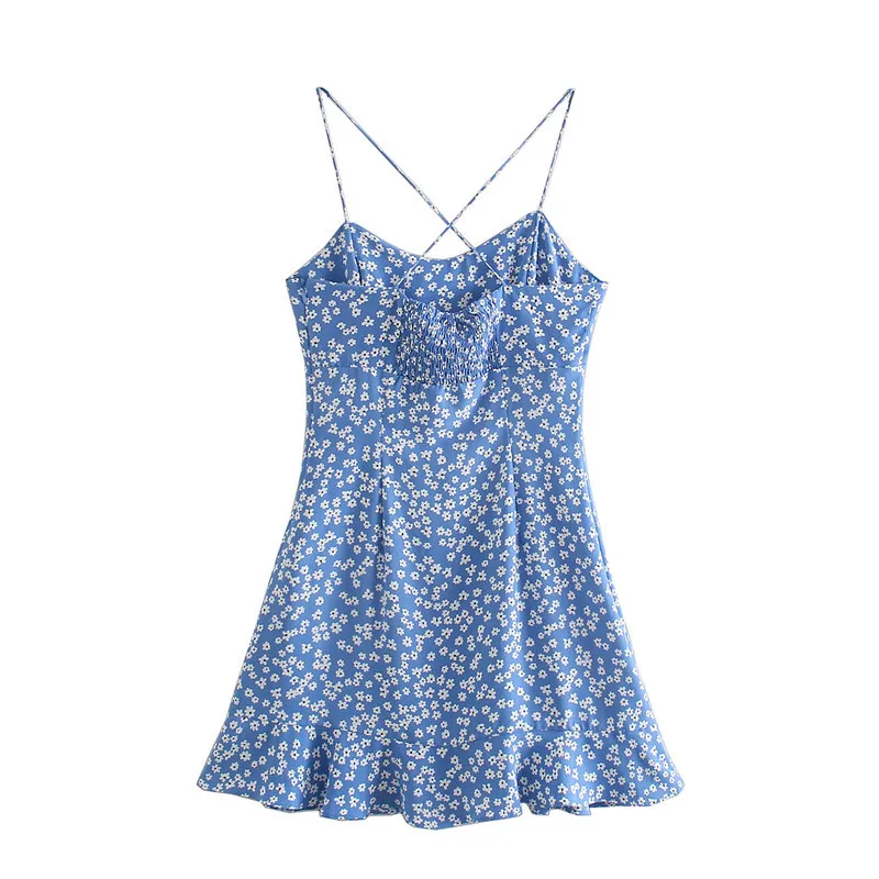 Sweet Women Square Collar Dress Summer Fashion Ladies Beach Style Cute Female Blue Stampato A-line Mini 210515