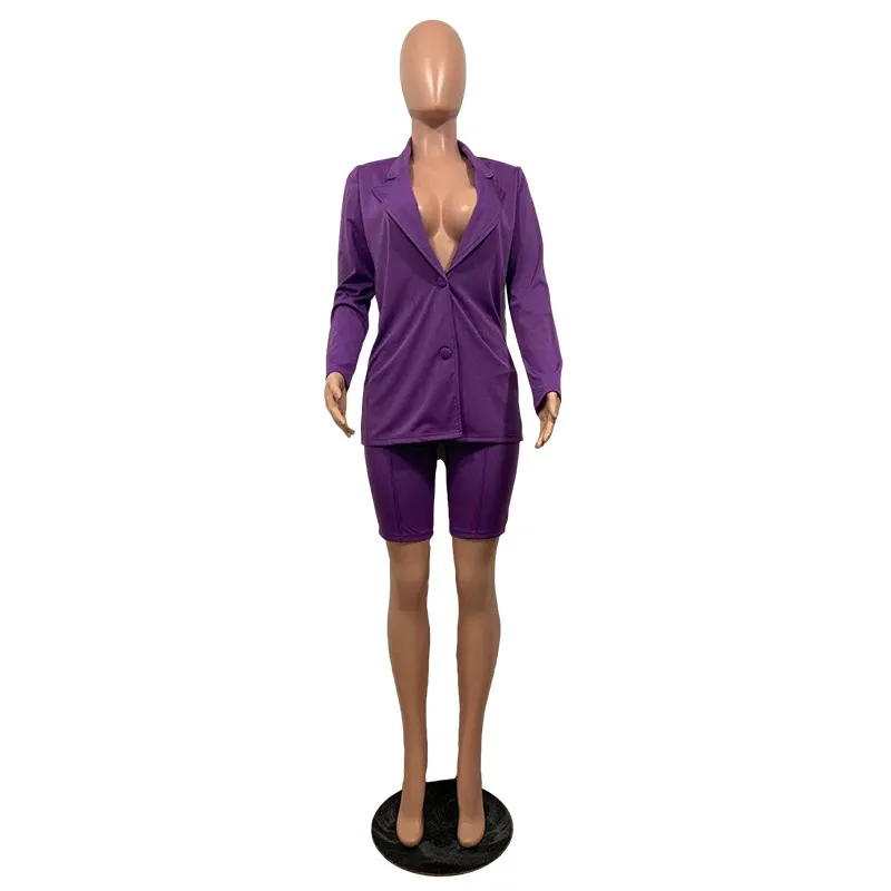 Moda Kadınlar Katı Iki Parçalı Setleri Yaz Ofis Bayan Satış Şort Turn-down Yaka Tek Düğme Takım Mont Kıyafetler 210525