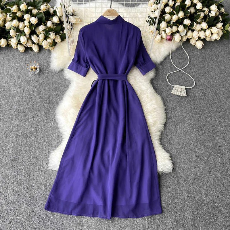 Vintage paarse jurk vrouwen elegante ruche turn-down kraag hoge taille a-line casual vestidos met sjerpen vrouwelijke zomer plus size y0603