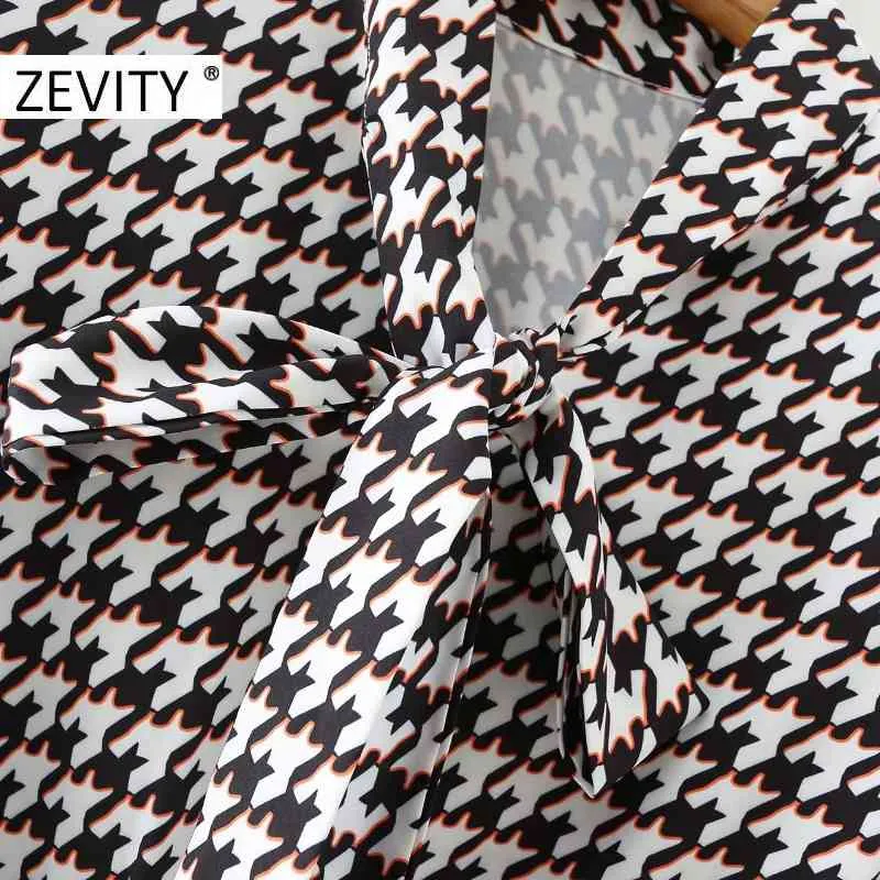 秋の女性ヴィンテージ千鳥格子縞のプリントのシャツのドレスシックな弓衣料品長袖ビジネスVestido DS4547 210420