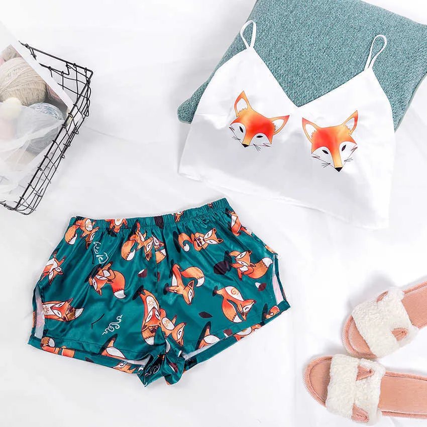 Ladies Pajama Set Love Fox Print Cute Cartoon Pattern Sleepwear Silk V Neck Sexy Pijama Satin Night Suits Wear Spaghetti Strap Q0706