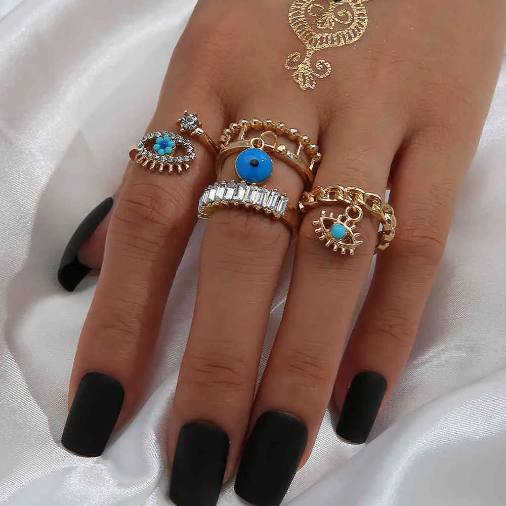 Punk Street Style Devil's Eye Diamond Drop Oil Hollow Ring Set