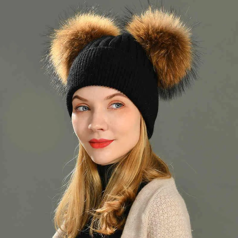 Real Raccoon Pompon Berretti invernali da donna in lana lavorata a maglia Skullies Berretti Ragazze Donna Due cappelli con pon pon di pelliccia