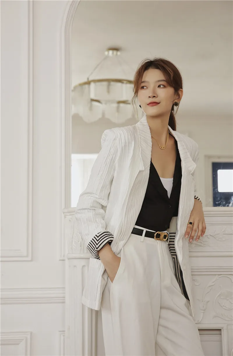 Blanc Côtelé Blazer Automne Costume Veste Femmes Manteau Sur Mesure Dames Coréennes Designer De Mode 210427