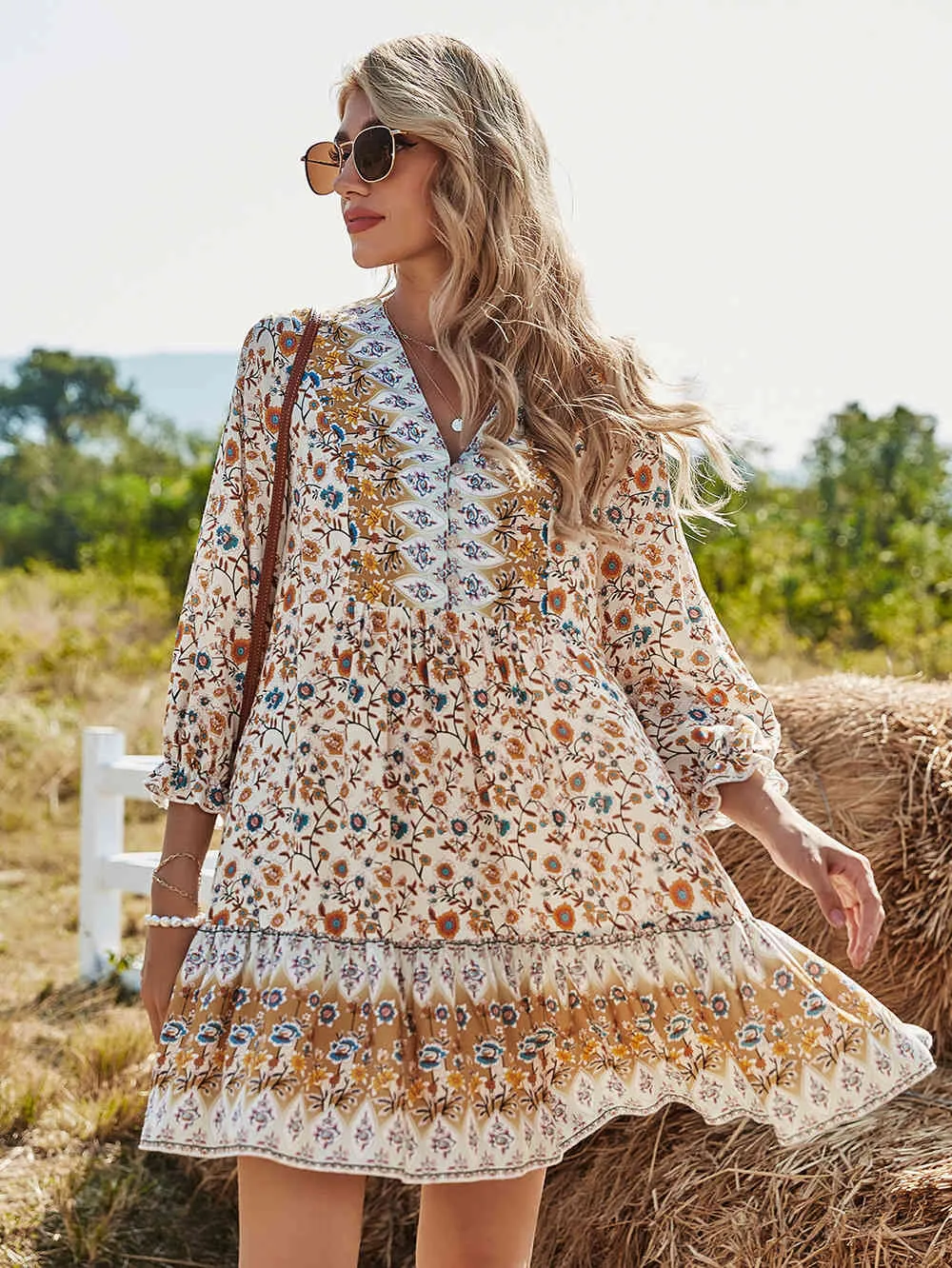 Lente print vintage jurk vrouwen casual vlinder mouw v nek boho korte jurk voor vrouwen mode losse zomerjurken 210521