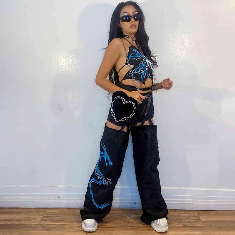 Y2K Dwuczęściowy zestaw damski daszek Moda Hollow Out Pełtowany Dragon Spodnie i Butterfly Camis Crop Up Top Samica Outfit 210510