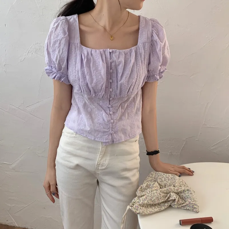 Purpurowe letnie dziewczyny femme wysoka talia haft ulica eleganckie koszulki rękawy puffowe casual ol bluzki 210525