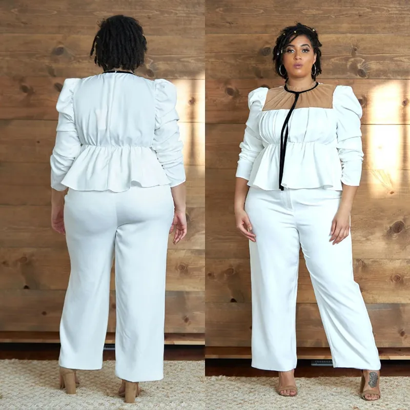 All White Ruffles Patchwork Womens Twee stuk Outfits Lange mouw Pullover Top Wide Pen Broek Groothandel Plus Size Kleding 210525