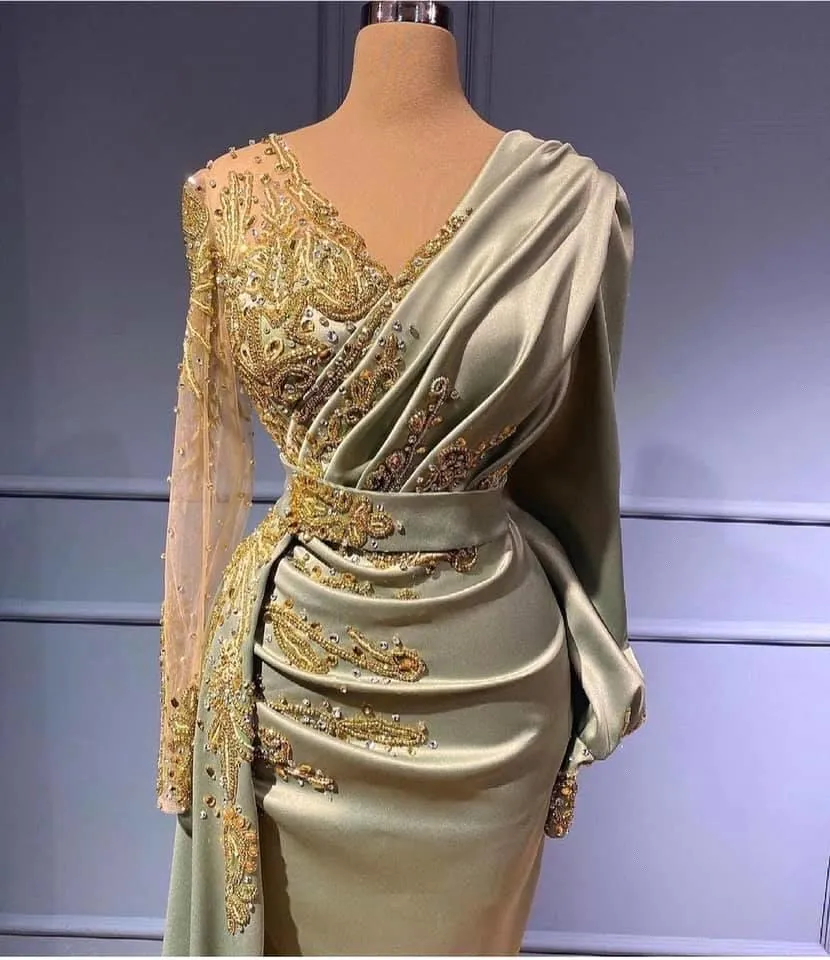 Arabic Dubai V Neck Satin Mermaid Evening Dress Sheer Long Sleeves Beaded Ruched Floor Length Formal Party Gowns Special Occasion Dresses BC10149