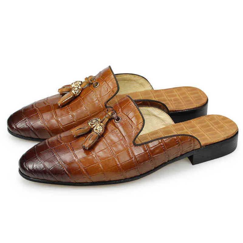 Pantoufles Moitié Couverture Chaussures pour Hommes Mode Pantoufle En Cuir Véritable De Haute Qualité Respirant Casual Confortable En Plein Air Gland Mocassins Adulte 220302