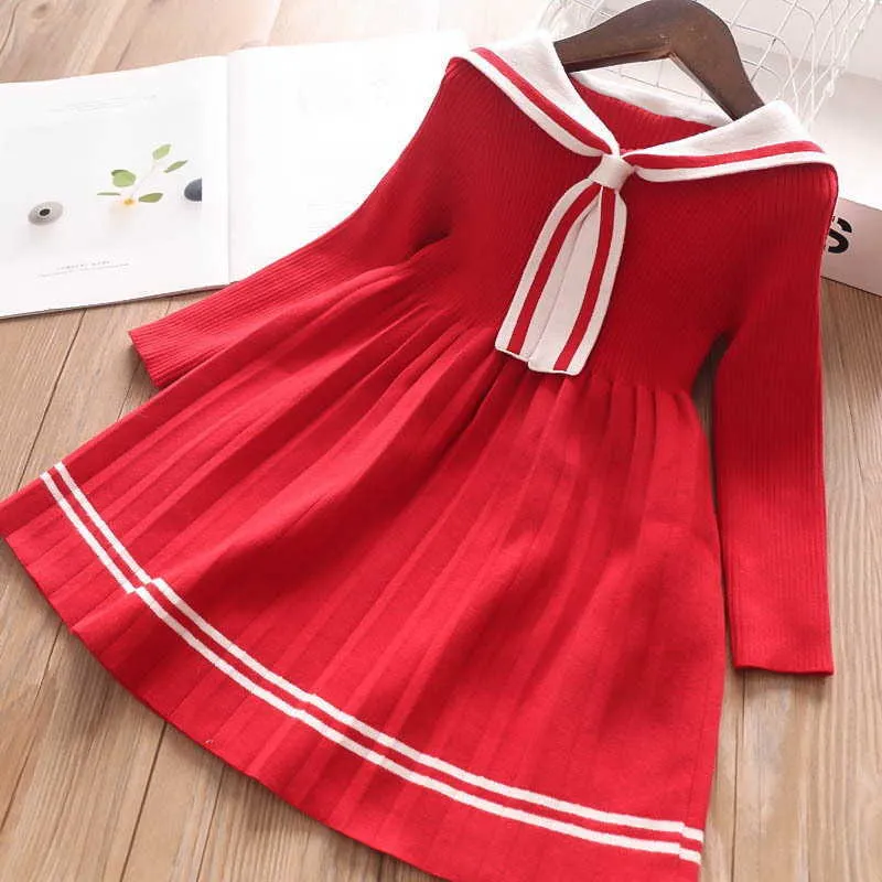 Cartoon Rabbit Sailor Collar Girls Dress Winter Knitted Cotton Preppy Style Baby Kids Clothes 2-10Y E3232 210610