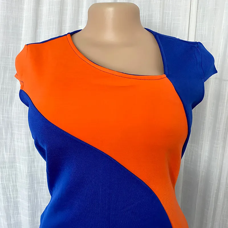 Frauen Patchwork, figurbetontes Kleid, orange, blau, Blockfarbe, schlank, eng, elegant, Büro, Damen, edel, Arbeitskleidung, weiblich, elastisch, Übergröße 210416