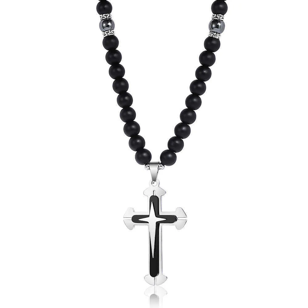 Trendsmax perles de verre mat longue chaîne collier pour hommes croix noire Crucifix pendentif bijoux religieux DN122 210721