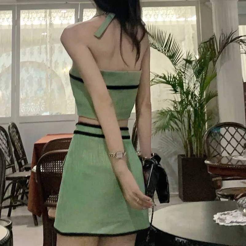 韓国の甘いファッションスカートスーツ女性の衣装ショートジャケットコートクロップトップ+ベスト+ボディコンミニスカートセットグリーンガールズ3ピースセット210730