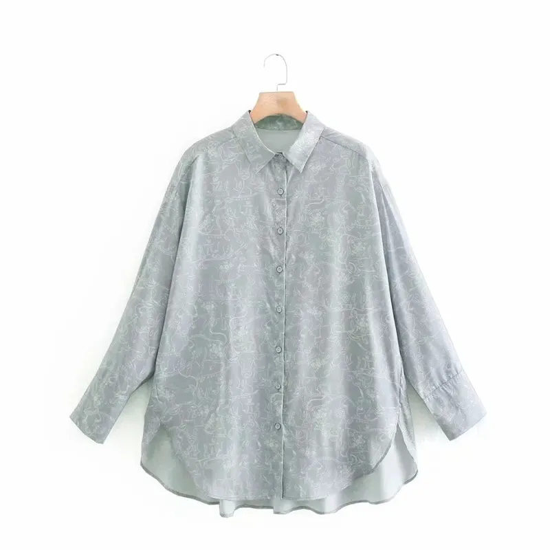 Grey Oversized Long Shirt Women Spring Fashion Print Sleeve Large Size Blouses Female Casual Button Up 210519