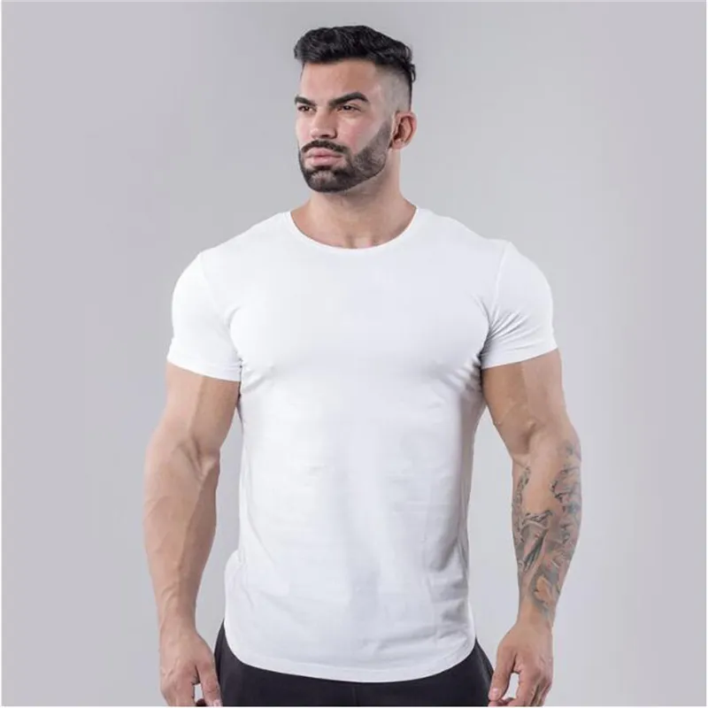 Manga curta de fitness masculino de marca t - shirts ginásios de algodão tshirt hem sólido arco hem respirável estiramento camiseta 210421