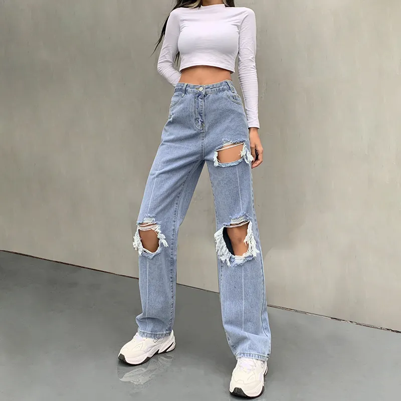 Y2K Trou Ripped Jeans Femme Taille Haute Burr Casual Pantalon Denim Droit Long Baggy Boyfriend Oversize Streetwear 210517