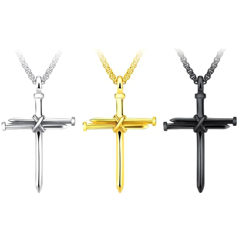 Collares con colgante de cruz de uñas para hombre, collar de cadena de eslabones de acero inoxidable, negro, oro rosa, plata, estilo punk, joyería de Hip Hop fo206M