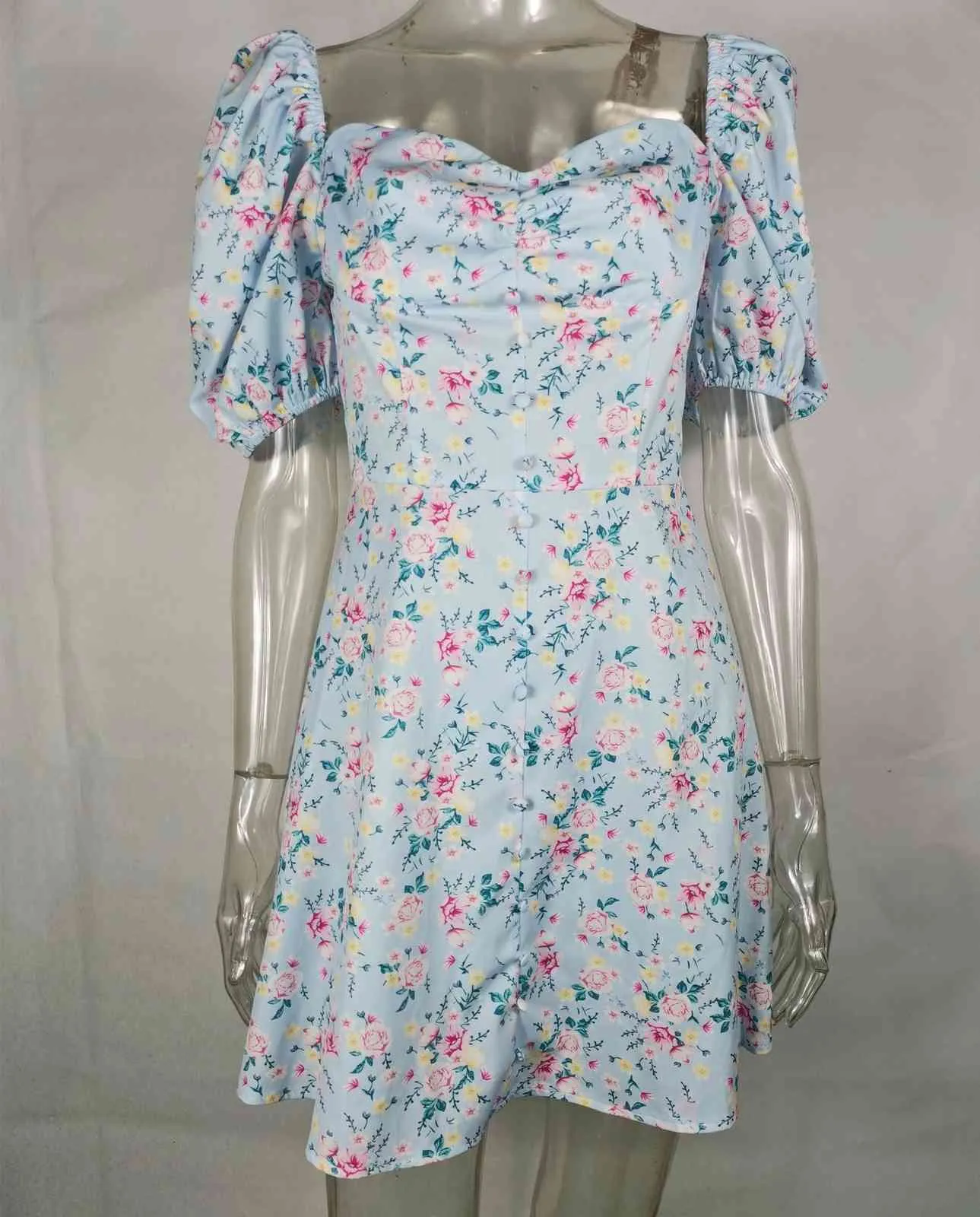 Puff Sleeve Floral Print Summer Dresses for Women Vintage Blue Beach Holiday Hoho Short Dress Flower French Harujuku Dress 210415