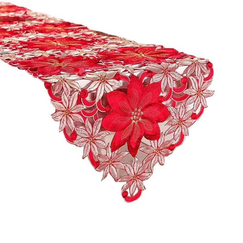 Double Thickness Red Rustic Cutwork Embroidered Floral Table Runners Christmas Decorations High Quality For Home Dining 210628