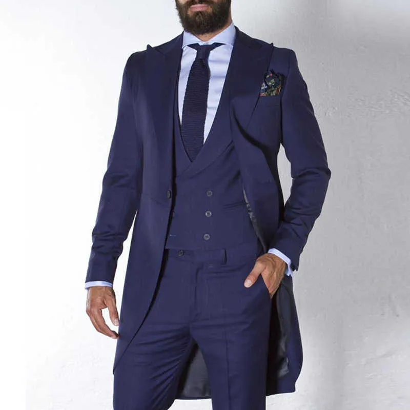 Azul-marinho Azul TailCoat Homens Ternos para Casamento Feito Personalizado noivo TuxeDos Long Masculino Moda Blazer 3 Peças Groomsmen Traje 2021 x0909