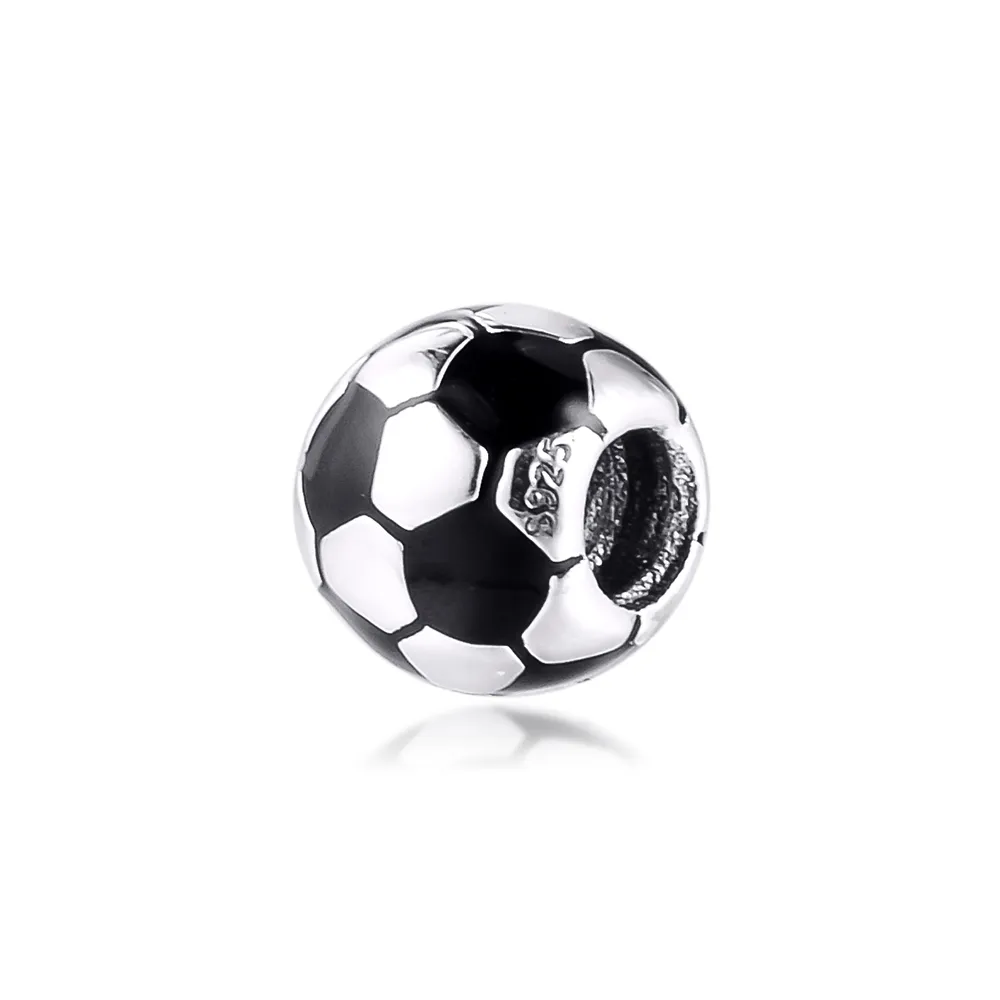 Ciondoli pallone da calcio smaltato nero intero in argento sterling 925 adatto bracciali Pandora originali Perline in metallo Creazione di gioielli fai-da-te