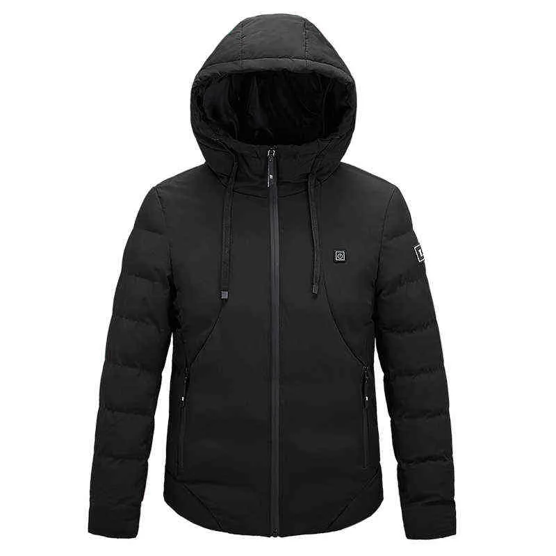 Män Kvinnor Bomull Coat USB Smart Electric Heated Jackor Vinter Tjockad Hooded Outdoor Vandring Ski Kläder 7XL 211110