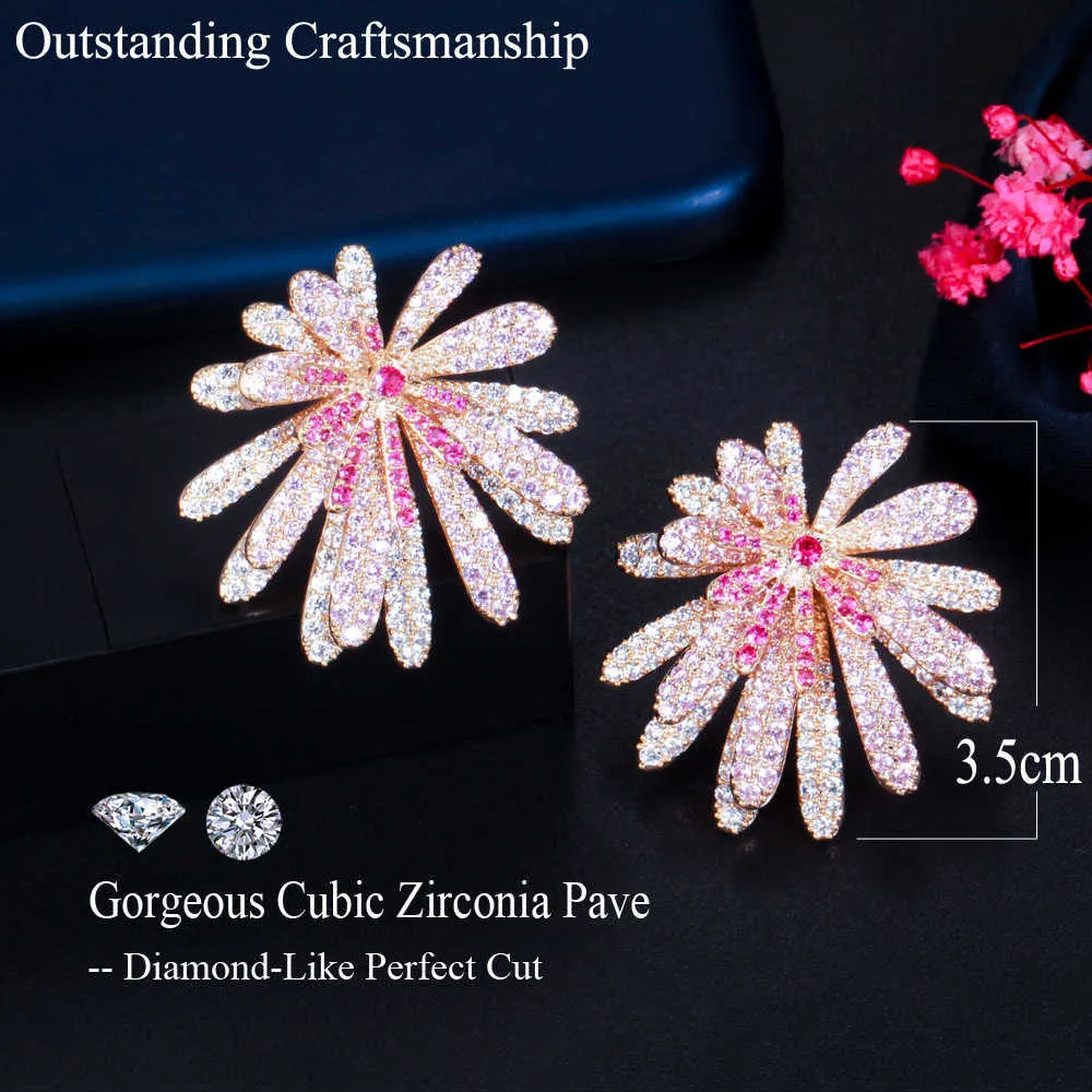 Boucles d'oreilles en zircone cubique rouge rose de styliste Unique, pavé de grandes fleurs géométriques pour femmes, bijoux de luxe CZ884 2107141786839