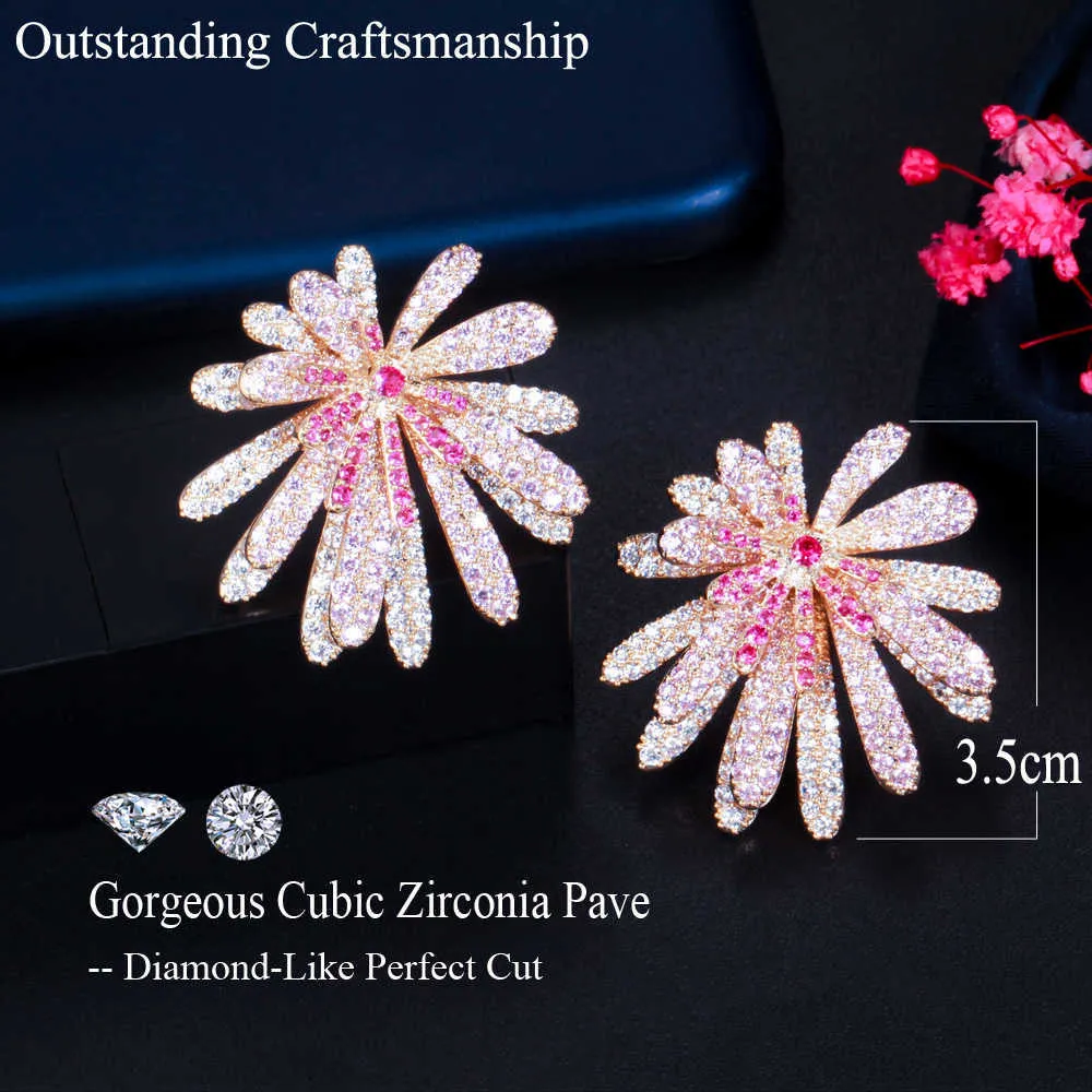 Pendientes de flores geométricas grandes con pavé de circonita cúbica roja y rosa de diseñador único para mujer joyería de lujo CZ884 2107141786839